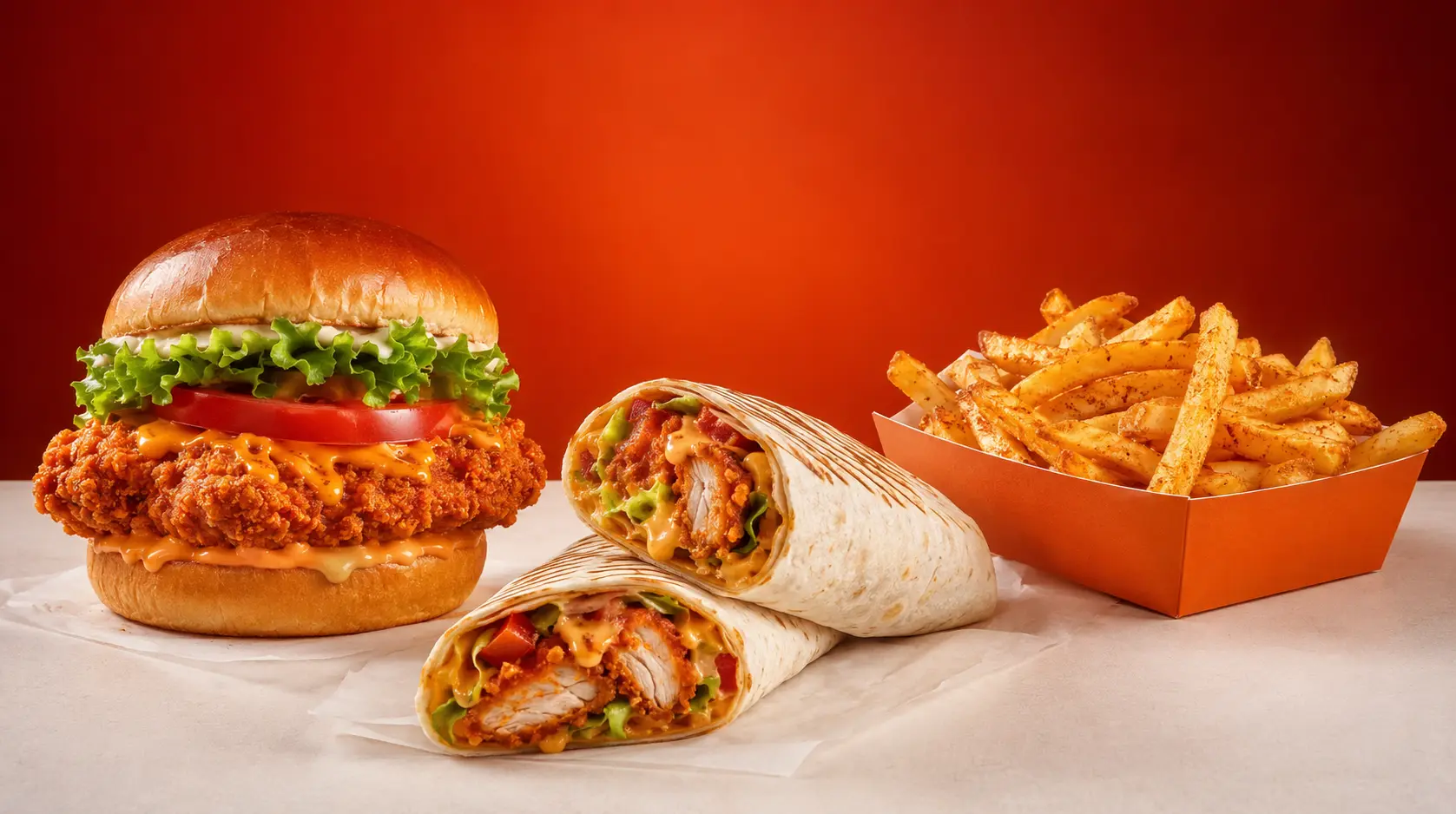 Burger, wrap and fries presentation
